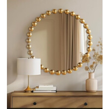 Gold Beaded Border Frame Round Wall Mirror Plastic Body Circular 60 Cm