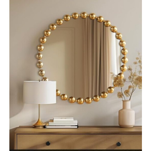 Gold Beaded Border Frame Round Wall Mirror Plastic Body Circular 60 Cm