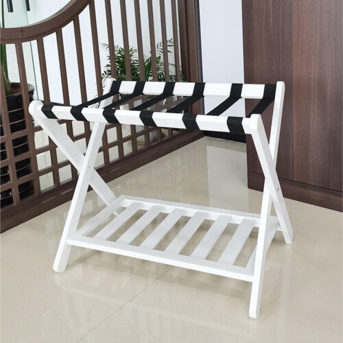 Foldable Luggage Rack, Bamboo Double Layer Storage Shelf, Portable Hotel Pannier Rack, Space-Saving Design, White 1