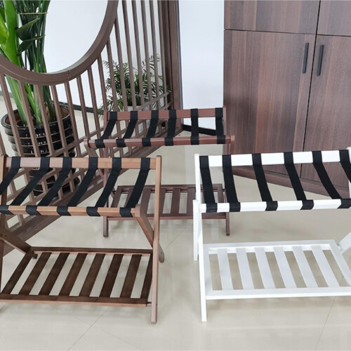 Foldable Luggage Rack, Bamboo Double Layer Storage Shelf, Portable Hotel Pannier Rack, Space-Saving Design, White 2