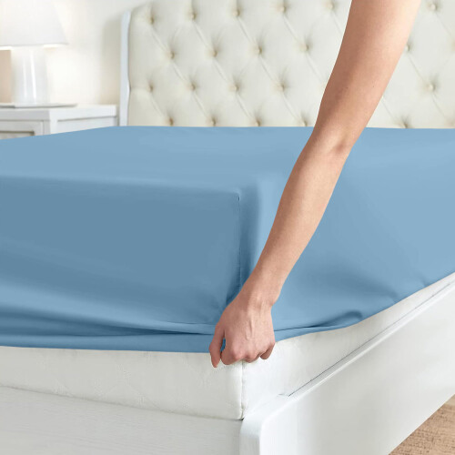 (Sky Blue, Single- 91x190cm) Fitted Bed Sheet Extra Deep 25cm Single Double King Bed Sizes 2