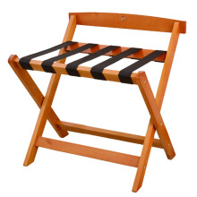 Foldable Luggage Rack with Backrest, Guest Room Suitcase Stand, 5 Black Nylon Straps, Teak Color, Bedroom and Hotel Use