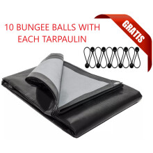 (3m x 5m) Heavy Duty Waterproof Tarpaulin Cover, Black/Silver, 220 GSM L-Grade with 10 Bungee Ball Fasteners, for Outdoor Storage, Firewood, Bikes