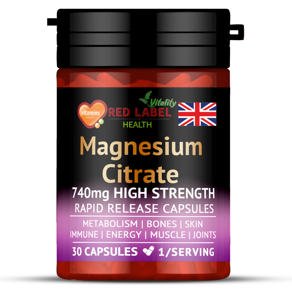 Red Label Health Magnesium Citrate 740Mg 30 Capsules High Strength Fatigue & Pms