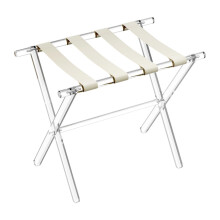 Acrylic Luggage Rack for Guest Room, Foldable Suitcase Stand with Microfiber Leather Strap, Transparent Beige with Handles