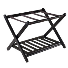 Bamboo Luggage Rack Folding Stand 68x40x58CM Black Space-Saving Suitcase Holder for Bedroom Guest Room
