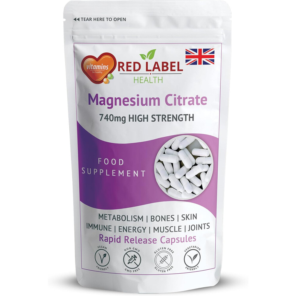 Red Label Health Magnesium Citrate 740Mg - 60 Capsules High Strength Fatigue & Pms
