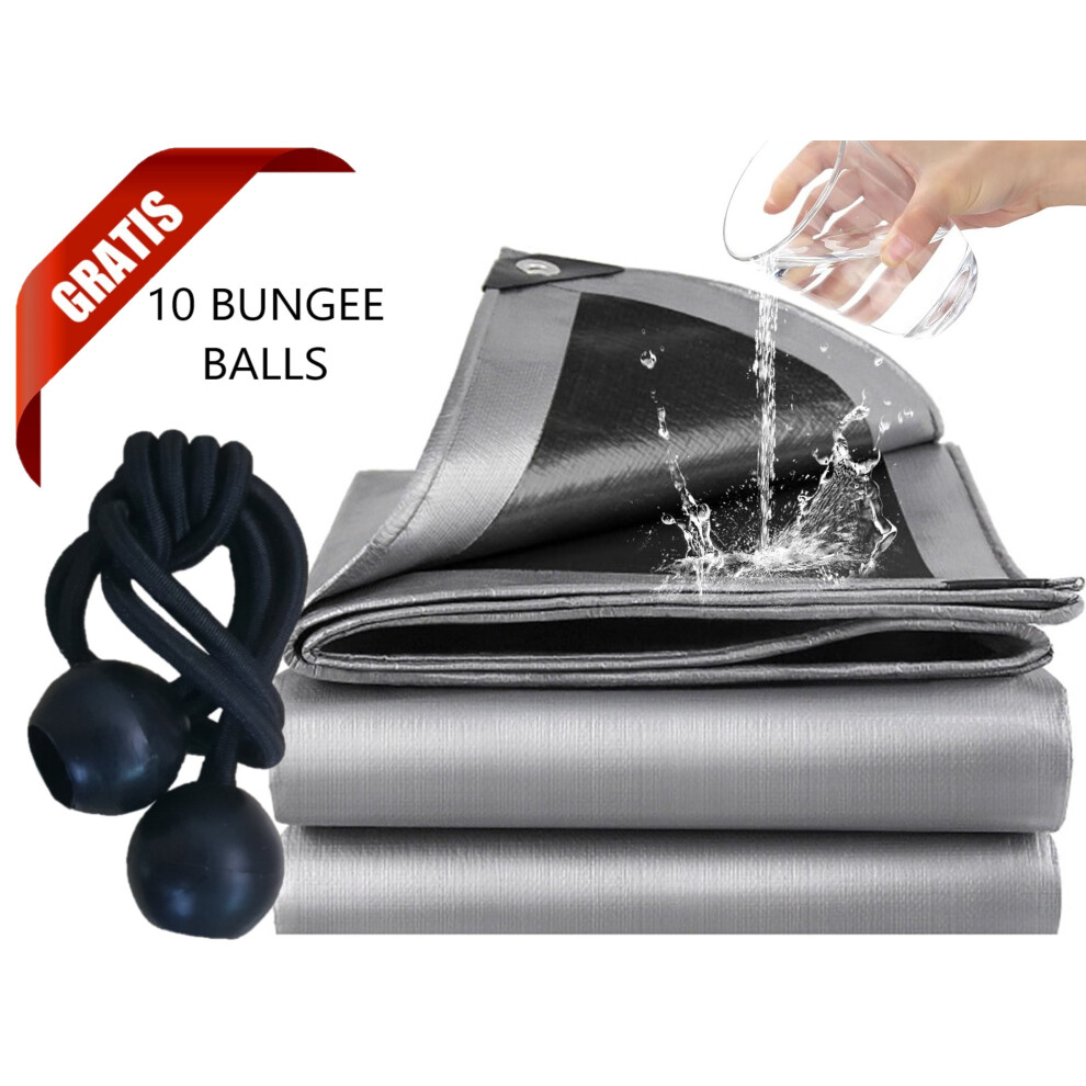 (3M X 5M) 260 Gsm Xl-Grade Tarpaulin With 10 X Bungee Balls 4" (Black) Silver/Black 5056885800254