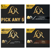 L'OR Espresso Coffee Pods PICK ANY 5 from 4 different blends inc. Forza, Ristretto, Delizioso and Onyx Aluminium Capsules - Each pack 40 pods, Total