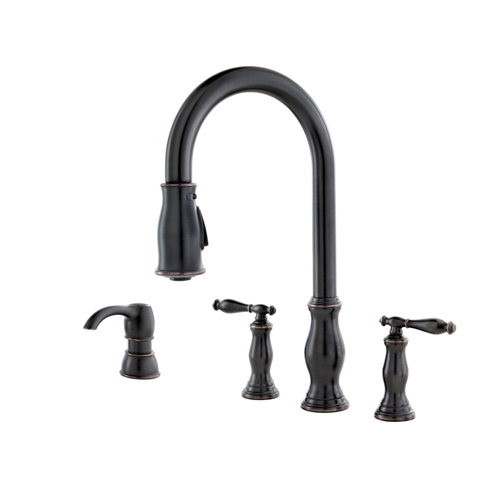 Pfister Hanover Kitchen Faucet With Pull Down Sprayer And Soap Dispenser 2-Handle 4-Hole High Arc Tuscan Bronze Finish F5314hny 038877577240
