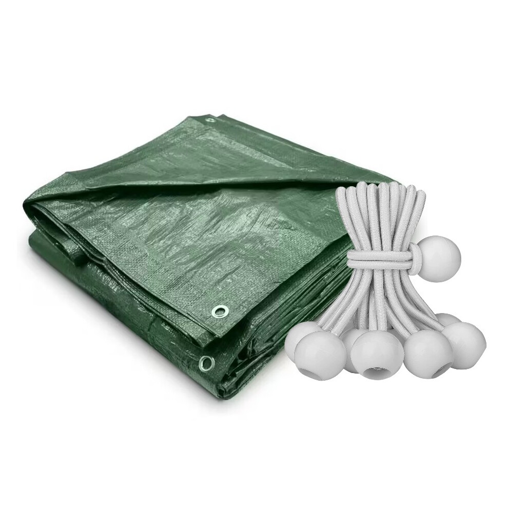 (2m x 2m) Heavy Duty Waterproof Tarp Cover, Green, 90 GSM M-Grade Tarpaulin with 20 White Bungee Ball 4-Inch, for Outdoor Protection, Furniture, Wood-image-OPC-PK2YPCK-NEW