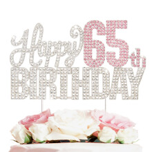Nelbiirth Joyeux 65e anniversaire Dcoration de gteau en strass argent et rose Cheers to 65 ans 65e anniversaire en mtal scintillant pour cent