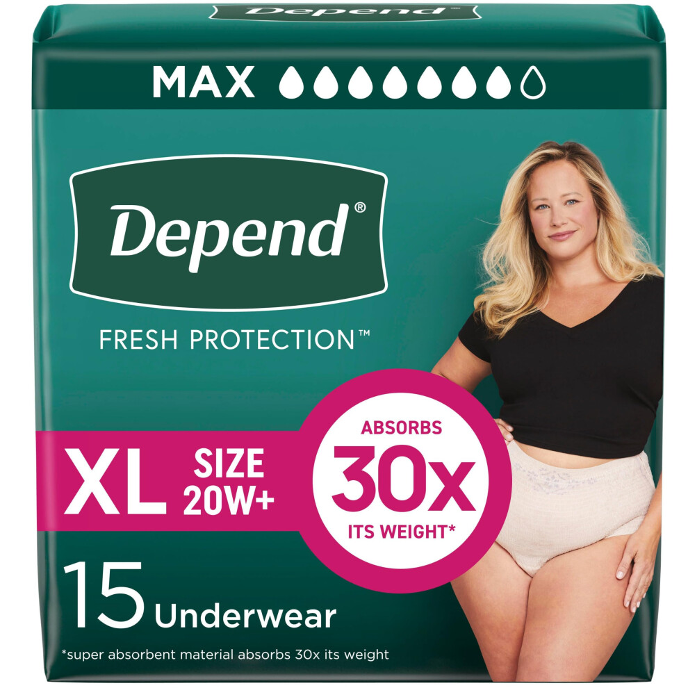 Depend Fresh Protection Adult Incontinence & Postpartum Bladder Leak Underwear For Women, Disposable, Maximum, Extra-Large, Blush, 15 Count, Packaging
