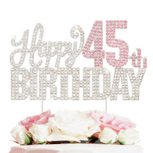 Nelbiirth Happy 45th Birthday S?lv & Pink Rhinestone Cake Topper - Cheers to 45 Years Old 45th Bday Metal Sparkly Cake Centerpieces Topper Decora