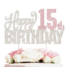 Nelbiirth Joyeux 15e anniversaire Dcoration de gteau en strass argent et rose Cheers to 15 Years Old Quinze Bday Dcoration de centre de table