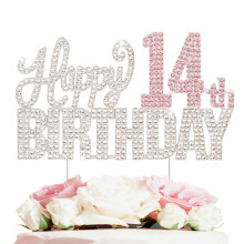 Nelbiirth Happy 14th Birthday Dcoration de gteau en strass argent et rose pour 14 ans, quatorze anniversaires en mtal scintillant pour centre