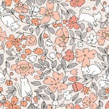 MuralPeel Tapete zum Abziehen und Aufkleben, niedliche rosa-orangefarbene Wildblumen, Katze, wei, selbstklebend, abnehmbar, leicht abziehbar, Kontak