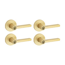 Kwikset Halifax Entry Door Handle with Lock and Key Secure Keyed Reversible Lever Exterior for Front Entrance and Bedrooms Satin Brass 4 Pack Pi