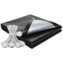 (3m x 3m) Heavy Duty Waterproof Tarp Cover with 20 White Bungee Ball 4-Inch, Black, L-Grade Tarpaulin, for Outdoor Storage, Firewood, Bikes