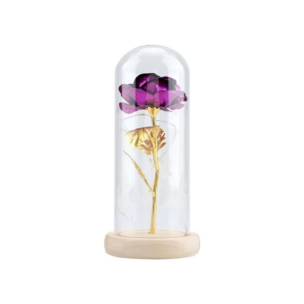 Rose éternelle à LED avec couvercle en verre et base en bois, cadeau de mariage pour la Saint-Valentin - Violet