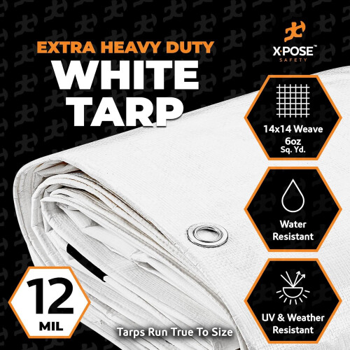 Bche en poly blanc robuste 7' x 20', lot de 2 housses de protection polyvalentes, durables, impermables, rsistantes aux intempries, rsistant 1