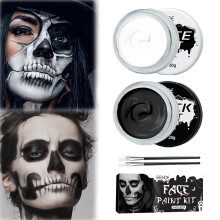 Halloween Make-Up Set, White Black Face Paint with Brush for Clown and Theatre Looks, Party and Carnival Make-Up 01