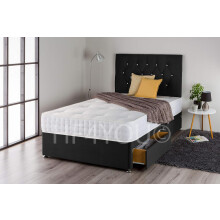 (3ft, 2 Drawers) Black Plush Divan Bed Set with 1000 Pocket Sprung Mattress and Matching Diamante Headboard