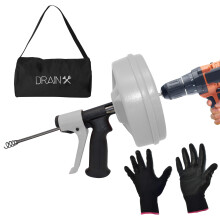 DrainX SPINFEED Auger de 15 metros | Uso Manual ou com Furadeira - Enrolar e Desenrolar Automático | Luvas e Bolsa Incluídas