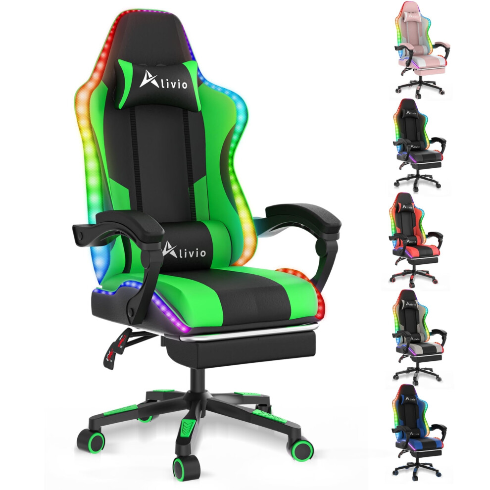 Alivio Wireless Led Gaming Chair With App Control, Massage Lumbar, Retractable Footrest, 360° Recline & Swivel, Pu Leather (Green) Green