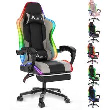 Alivio Wireless LED Gaming Chair with App Control, Massage Lumbar, Retractable Footrest, 360° Recline & Swivel, PU Leather (Grey)
