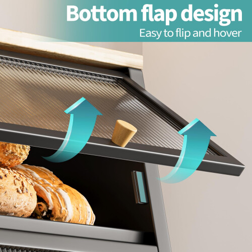 Urackify Two-Layer Large Bread Box, Bread Bins for Kitchen, Black Bread Bin with Stiped Window Door Pancel, Bread Storage with Wood Handle, kitchen 1