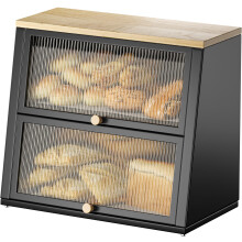 Urackify Two-Layer Large Bread Box, Bread Bins for Kitchen, Black Bread Bin with Stiped Window Door Pancel, Bread Storage with Wood Handle, kitchen