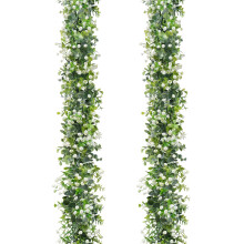 LOMOHOO 2PCS 12FT Artificial Eucalyptus Garland With White Flowers, Fake Leaves Green Garland Artificial Foliage Garland, Greenery Garlands for Home