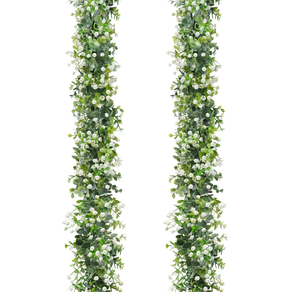 Lomohoo 2Pcs 12Ft Artificial Eucalyptus Garland With Flowers, Fake Leaves Garland Artificial Foliage Garland, Greenery Garlands For Home White/Green