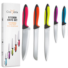 craverix All Purpose Professional Kitchen Knife Set, 5 Sharp Kitchen Knives - Stainless Steel Blades with TPR Handles (Colored)- Pizza Bread Cheese,