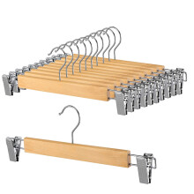 34cm Natural Wooden Pants Hangers,10pcs Heavy Duty Wood Trouser Hangers,Skirt Hanger Organizer with Adjustable Anti-Slip Chrome Clips, Space Saving