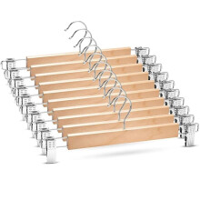 Niulab 35cm Natural Wooden Trouser Hanger, 10PCS Smooth Wood Pant Hangers, Space Saving Skirt Hangers with Adjustable Clips, Heavy Duty Chrome Clothes