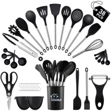 38 Pieces Kitchen Utensils Set, BEWOS Silicone Cooking Utensils Set with Spatula, Utensil Holder and Measuring Spoons, Nonstick Heat Resistant, Black