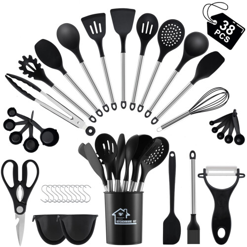 38 Pieces Kitchen Utensils Set, BEWOS Silicone Cooking Utensils Set with Spatula, Utensil Holder and Measuring Spoons, Nonstick Heat Resistant, Black