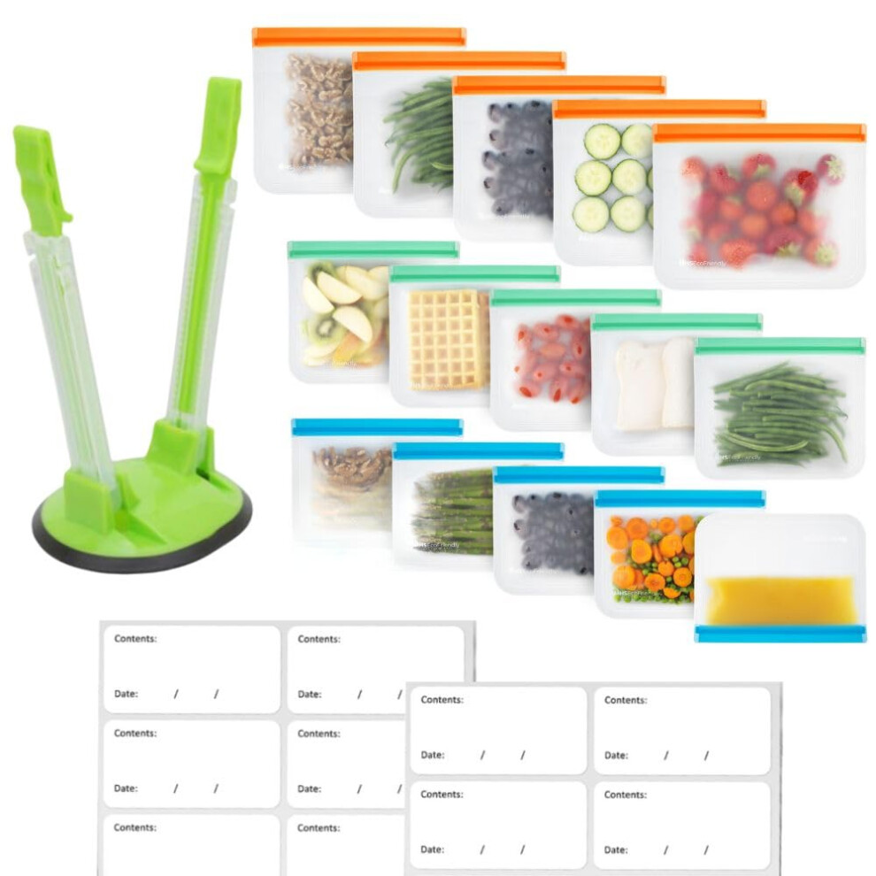Mhsecofriendly Mhsecofriendly? Meal Prep Storage Kit ? 15 Reusable, Degradable Leakproof Freezer Bags, Baggy Rack & 20 Strong Labels | Bpa-Free, Dishwasher Safe,