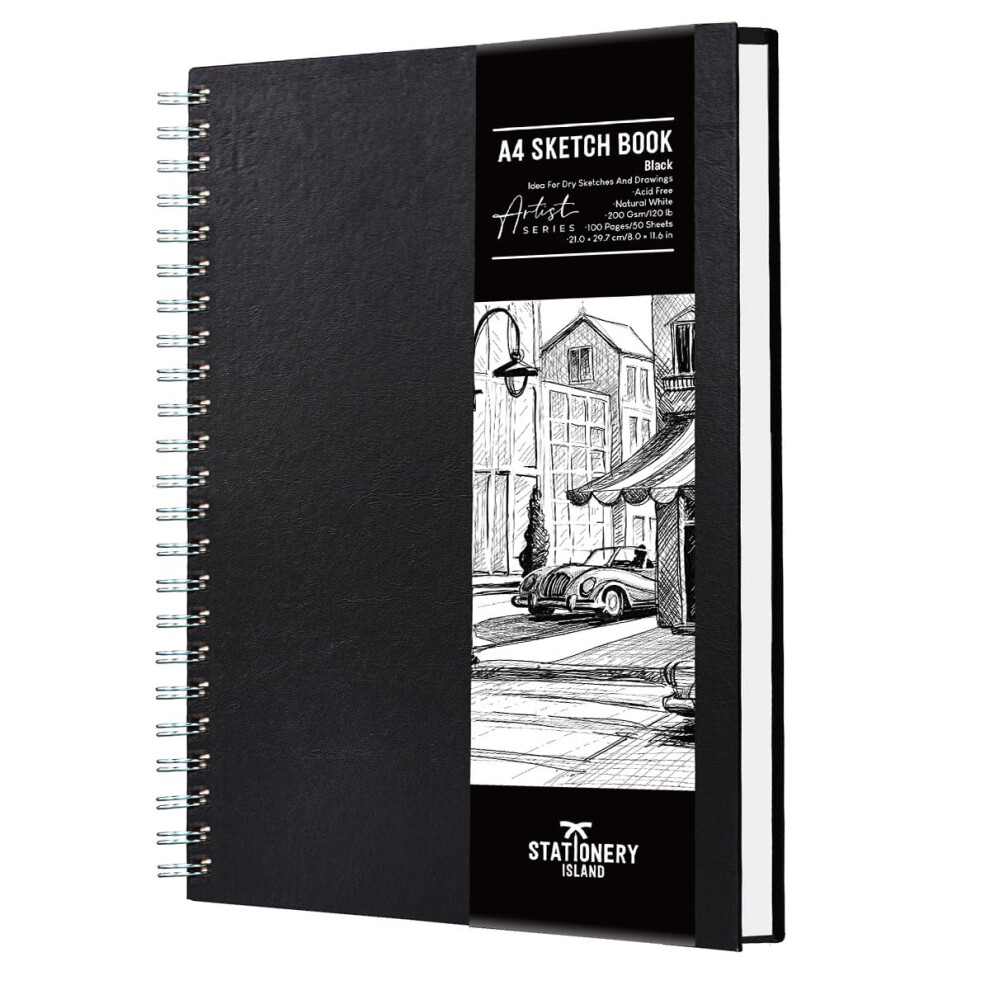 Stationery Island A4 Sketchbook, Hardcover Sketch Book With 200Gsm Thick Paper, Spiral Bound Sketch Pad A4, Drawing Pad For Sketching, Portrait, 50