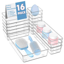 Radikor 16pcs Drawer Organiser Set, Clear Makeup Drawer Organiser Trays Plastic, 4-Size Desk Drawer Inserts Dividers, Acrylic Storage Bins for Makeup,