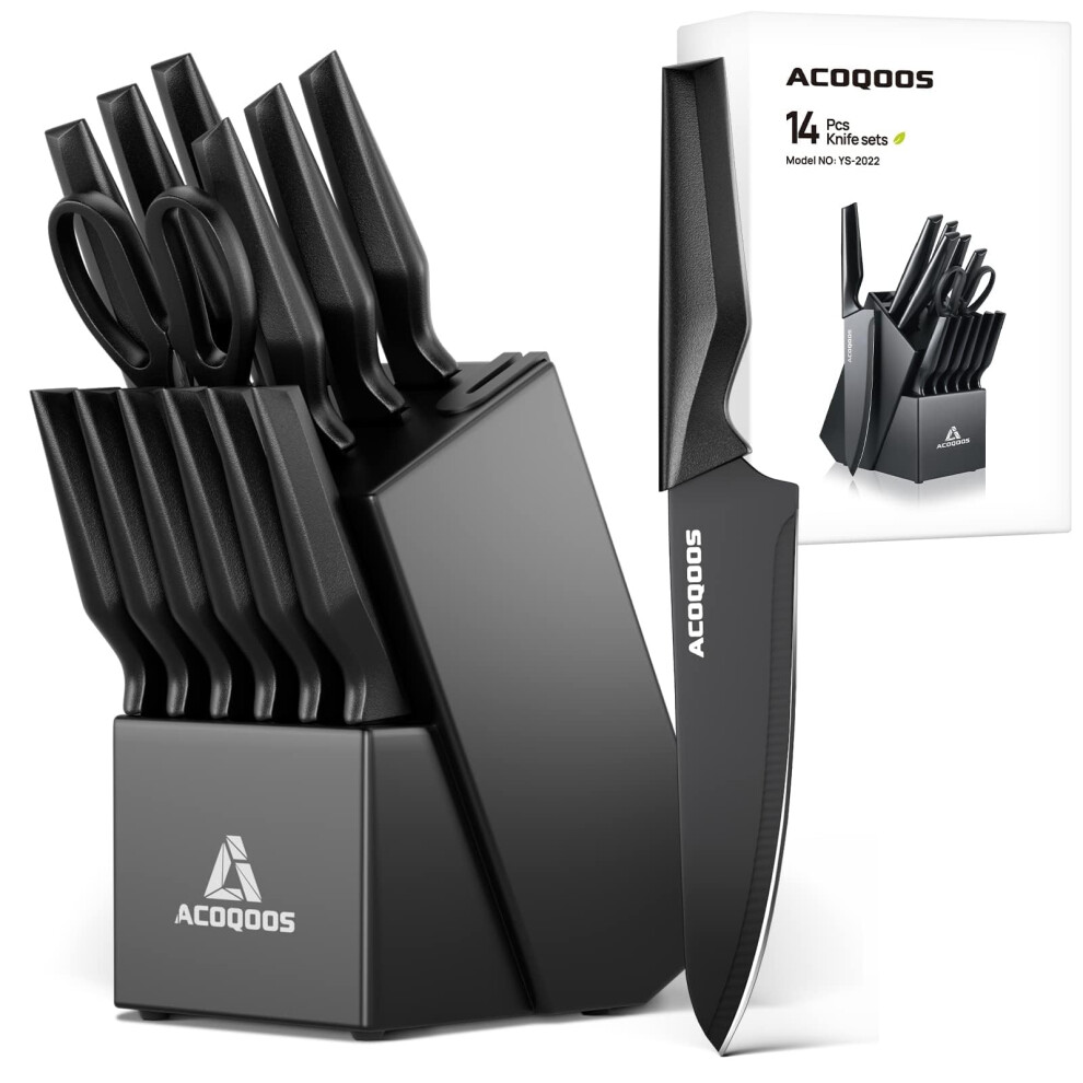 Acoqoos Knife Set With Block, 14 Piece With Built-In Sharpener, Kitchen Knives For Chopping, Slicing, Dicing Cutting By