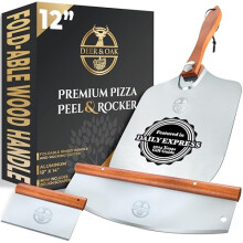 Deer & Oak Premium Pizza Peel Set ? 12" x 14" Aluminium Spatula, Rocker & Dough Scraper with Foldable Wooden Handle, Perfect Kit for Homemade Pizza