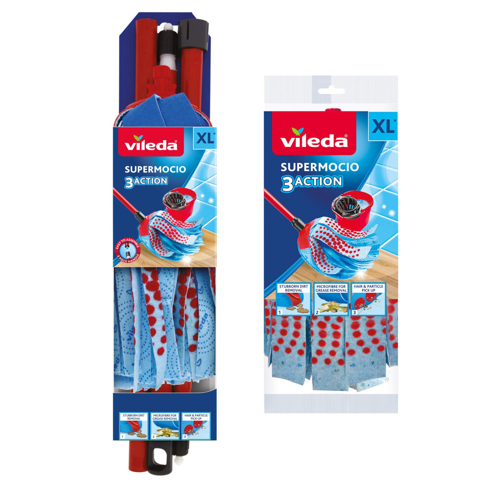 New Vileda "Supermocio" 3 Action Compact Mop With Extra Refill, Plastic, 12 X 11 X 48 Cm Red/Blue 160502