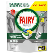 Fairy Platinum Plus All-In-1 Dishwasher Tablets, Bulk Pack- 74 Pods, Lemon, With Greasy Filter & Rinse Aid Action