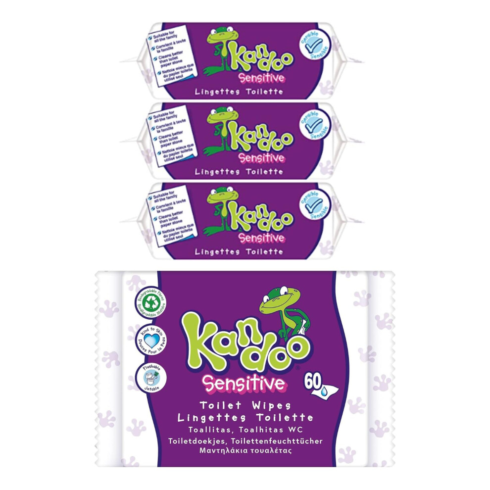 Sensitive Flushable Moist Toilet Wipes, 4 X 60 Wipes (Total 240), Biodegradable, Wet Toilet Tissues For Toddlers, Fragrance Free For Sensitive Kandoo