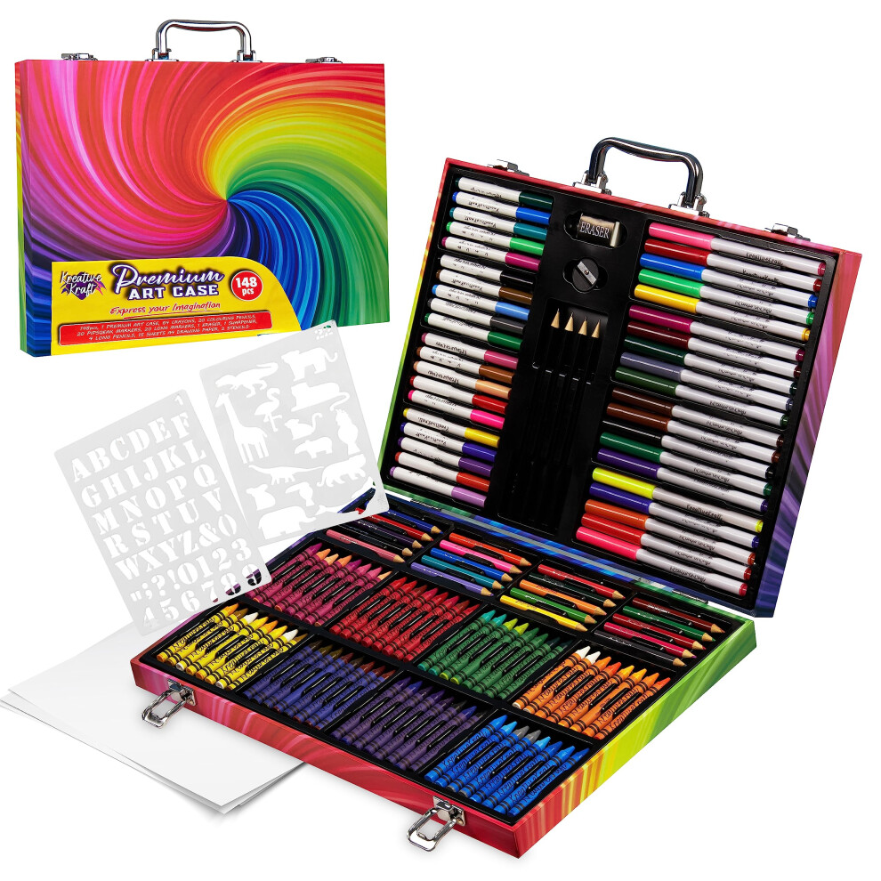 Kreativekraft Art Set For Kids Art Supplies Colouring Pens Colouring Pencils Glitter Gel Pens Crayons Markers Stencils In Travel Case Gifts For Kids