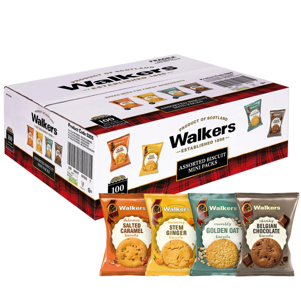Walkers Shortbread Catering Assorted Biscuit Twin Packs, Oat, Belgian Chocolate, Salted Caramel & Stem Ginger Biscuits (100 X 25G) Golden