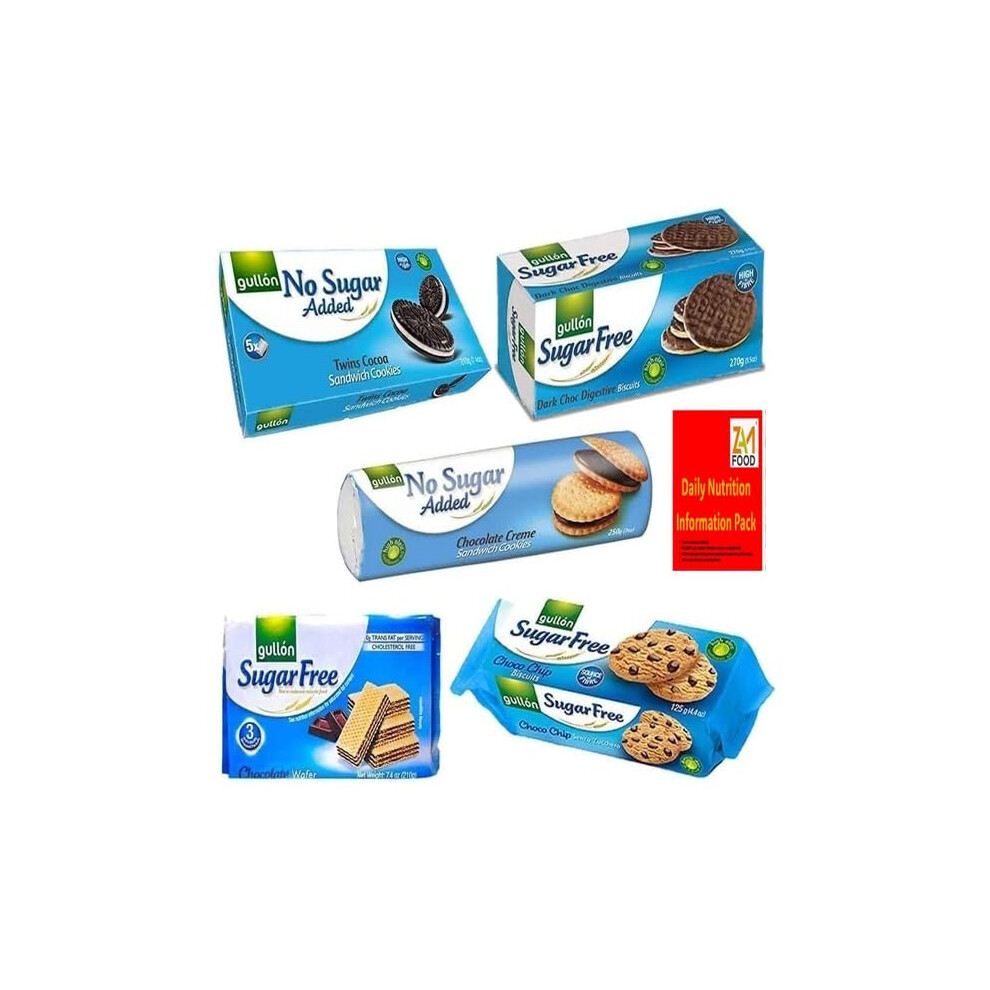 Zamfoods Gullon Sugar Free Biscuits Chocolate Mixed Variety Selection Diabectic Friendly Pack (5 Pack) Chocolate Chip, Cocoa Sandwich, Digestive, Dark